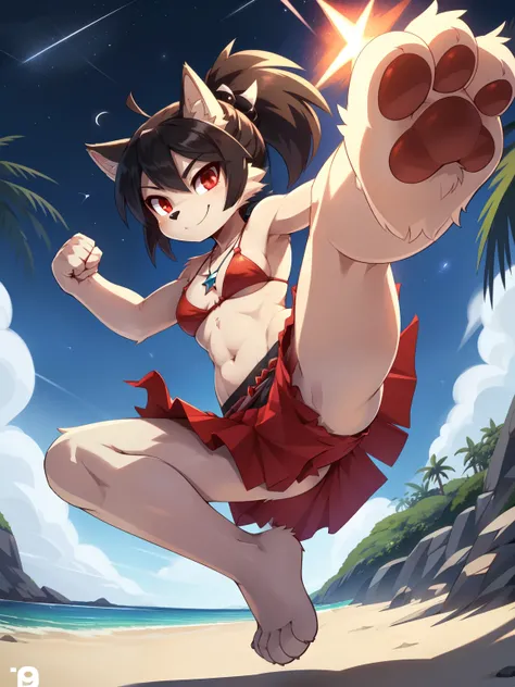 score_9,score_8_up,score_7_up, source_cartoon, source_furry, furry girl, wolf, black hair, punk hairstyle, huge long spiky ponytail, anime style, small breasts, red eyes, ((deep red bikini ruffled triangle, high cut bottom, star necklace, beach sarong with...