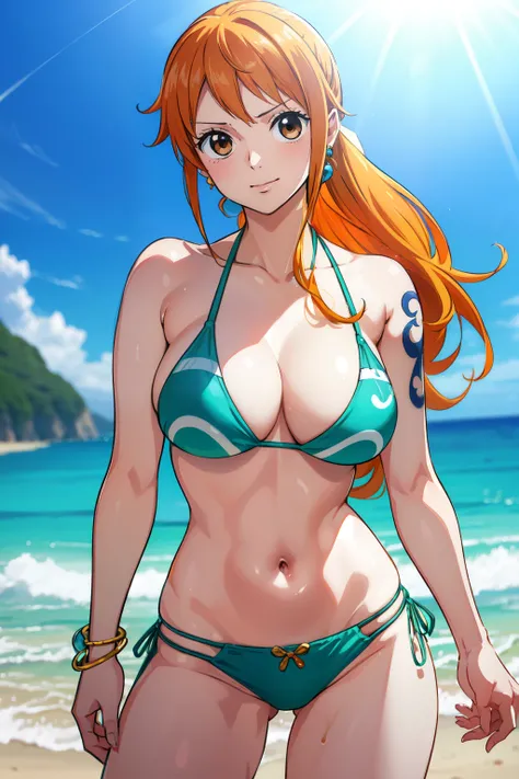 Nami from One Piece, long orange hair, ponytail, beautiful brown eyes, blushing cheeks, wearing a vibrant bikini and jeans, enjoying a sunny day at the beach. The art style should resemble a captivating anime style. Tattoo on left shoulder

For the image q...