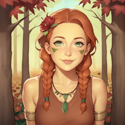 (((beautiful, high quality, perfect eyes, comics style, semi-realistic, detailed face))), bust shoot, score_9, score_8_up, score_7_up, | solo, 1 woman, skinny, 19 years old, ((pale yellow skin)), high cheekbones, perfect round mint green eyes, (wood nymph)...