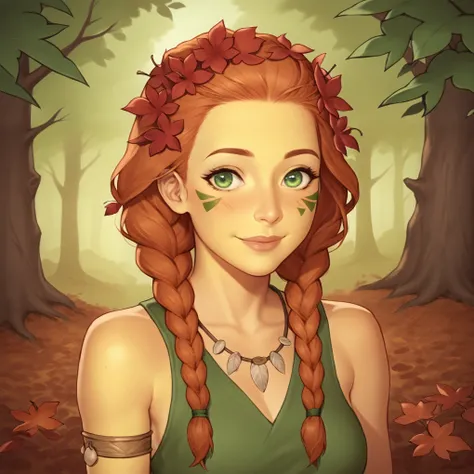 (((beautiful, high quality, perfect eyes, comics style, semi-realistic, detailed face))), bust shoot, score_9, score_8_up, score_7_up, | solo, 1 woman, skinny, 19 years old, ((pale yellow skin)), high cheekbones, perfect round mint green eyes, (wood nymph)...