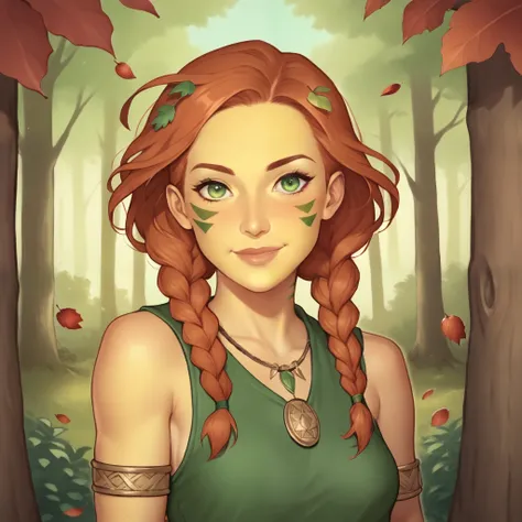 (((beautiful, high quality, perfect eyes, comics style, semi-realistic, detailed face))), bust shoot, score_9, score_8_up, score_7_up, | solo, 1 woman, skinny, 19 years old, ((pale yellow skin)), high cheekbones, perfect round mint green eyes, (wood nymph)...