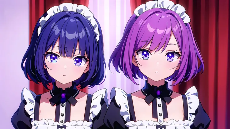 2girls, short purple hair, cute eyes, wearing maid costume, close portrait, close, high res, ultrasharp, 8K, masterpiece, looking at viewer