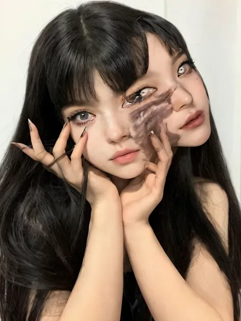 Beautiful woman with Tomie cosplay, two faces, demon&#39;s eyes, Scars, long black hair, face of Karina from Aespa, woman with a face coming out of her face, black lined eyes.