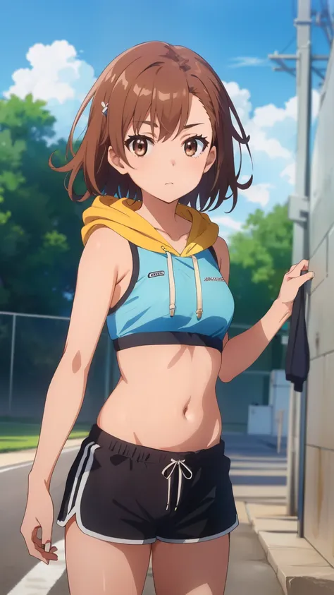 (masterpiece, best quality, 8k:1.2),Very detailed, (anime:1.1), misaka_mikoto, brown hair, medium hair, hairpin, 16 years old, medium breasts, 1girl, (Open the hoodie, hoodie, Sleeveless, Sports Bra,belly button, Shorts), Cowboy shot, looking at viewer,