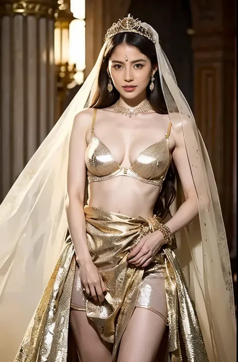 naked,Like the whole body," shape, Brides outfit without shoulder straps,Small gold tiara,huge ,sloppy and droopy breasts, Her heavy breasts are almost completely exposed ,Fully visible bust,Sheer princess skirt,Arabian Palace Wedding,There is a large crow...