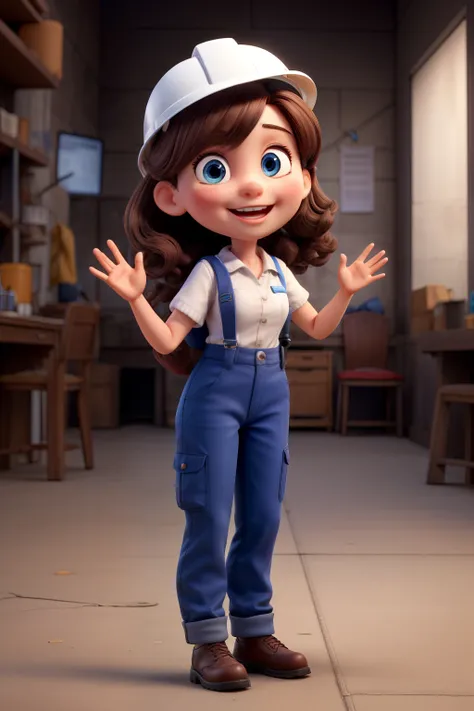 female doll, dark brown hair, blue-eyed, wearing the clothes of a work safety technician, white work safety helmet, waving, and happy smiling 