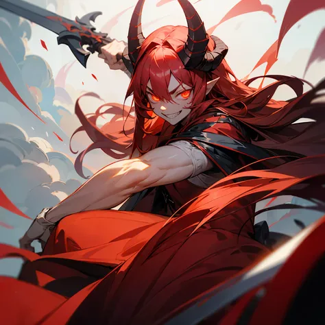 ((best quality)), ((masterpiece)), (detailed), 1boy, horns, red clothes, glowing red eyes, red long hair, evil grin, sword