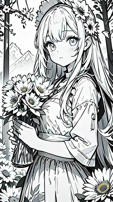 a cute girl in the forest holding sunfowers