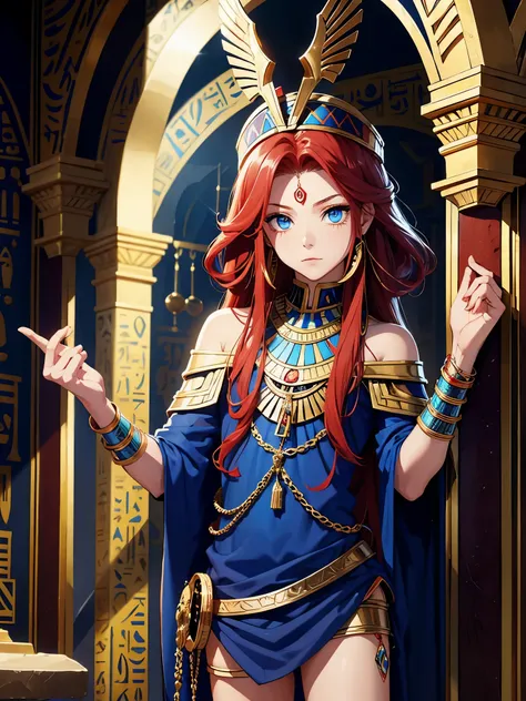 Egyptian deity Seth. kid. long red hair, Lots of jewelry. light skin. blue eyes. Rotes Make Up. Sweet boy. boy. narrow.