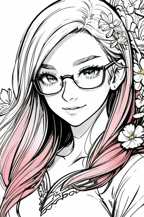 coloring page for adults. white background, black lines short, red hair, green eyes, metal frame glasses, smile girl 15 years ol...