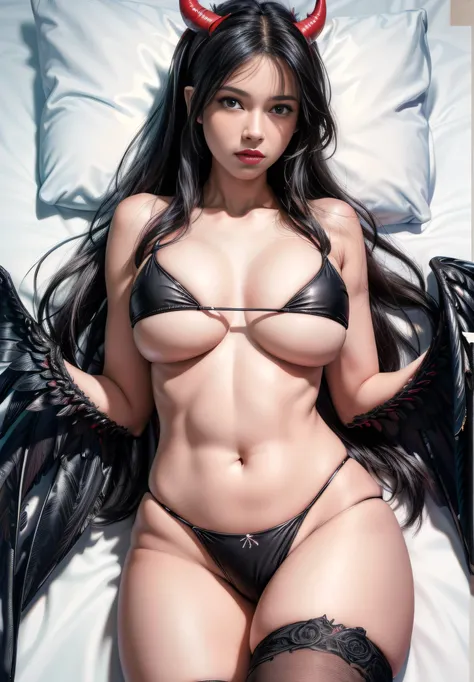 (RAW photo:1.2), ((photorealistic:1.4),(masterpiece:1.3),(best quality:1.4),ultra high res,(detailed facial features),(detailed body features),HDR,8k resolution, 1 girl, blush, black hair, 8k, ultra high details, perfect nose, sexy black bikini, horns, bla...