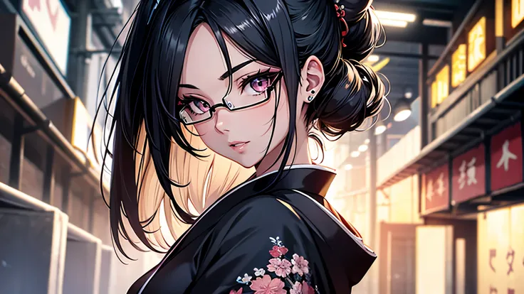 (1girl:1.3), Masterpiece, Best quality, amazing beauty, [[3D]], 4K, absurdres, finely detail, super detailed eye, perfect anatomy, official art, cinematic lighting, BREAK, Japanese-style room, hair bun, black hair, super shiny detailed black eye, big eyes,...