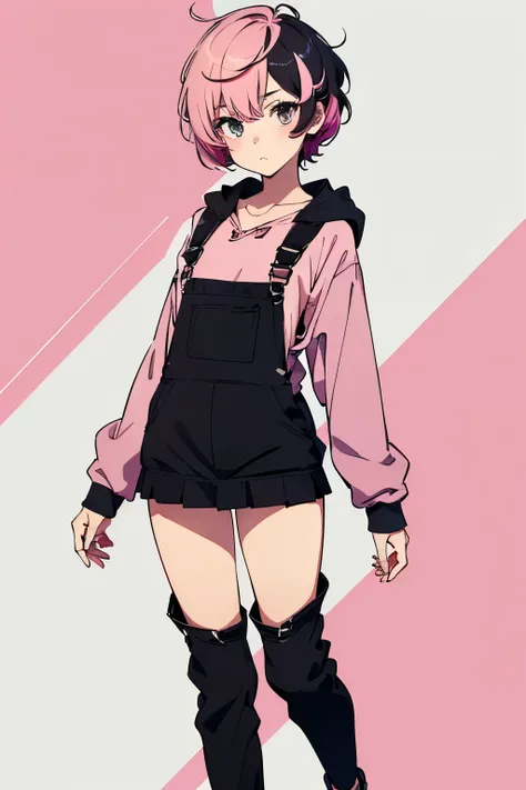 1girl, tomboy, solo, hd, anime style, 2d, celshade style, absurdres, (short hair, ((pixie cut hair)), messy hair, pink-colored hair, dyed hair), wearing ((pink casual hoodie, with ((black dungarees)) and ((short skirt)) )), solid color background