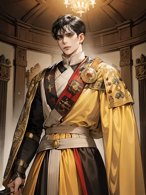 (((man))), (((mature))), black hair, ((bristle)), Dark-skinned man, short tousled hair, yellow eyes, medieval knight costume, black red army captain suit, medieval clothing 19th century, detailed face, Beautiful, in a palace, deep light, With a sword, cold...