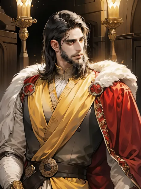 (((man))), (((mature))), black hair, ((beard)), Dark-skinned man, short tousled hair, yellow eyes, medieval knight costume, black red army captain suit, medieval clothing 19th century, detailed face, Beautiful, in a palace, deep light, With a sword, cold l...