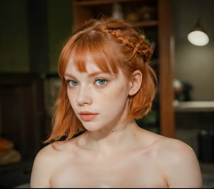 white redhead, woman named Lagertha, ((( very pale skin ))), ((( very light green eyes ))), ((( orange short hair arranged in a bun with bangs ))), lovely and beautiful serious face, freckles, wonderful and perfect realistic naked body, perfect naked small...