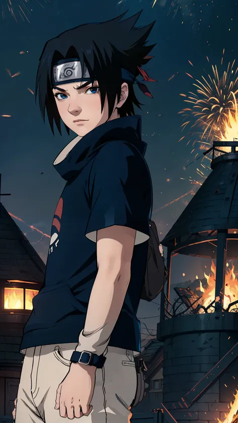 1 boy, Sasuke Uchiha, wearing a black t shirt , Uchiha mark on t shirt , red glowing detailed eyes, bonfire night, best quality, 3D figure, octane rendered, 24K resolution, extremely detailed , Parallax effect, ultra HD, 4K