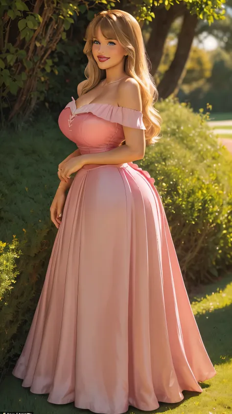 DisneyAurora, 27 years old, full body view, woman (((shoulder length wavy caramel blonde hair, two side up with bangs))) defined body, voluptuous, sexy, cherry red lipstick, arms by her sides, hands free, happily smiling, standing facing camera ((( pink dr...