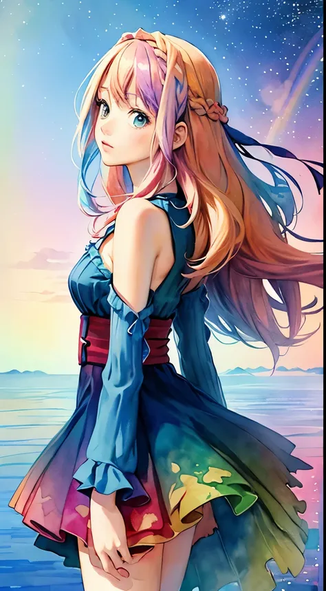 (masterpiece, top quality, best quality,watercolor (medium),official art, beautiful and aesthetic:1.2),(1girl:1.3), (fractal art:1.3), whole body, from side, looking at viewer, patterns,(rainbow color Hair,colorful hair,half blue and half pink hair:1.2),wa...