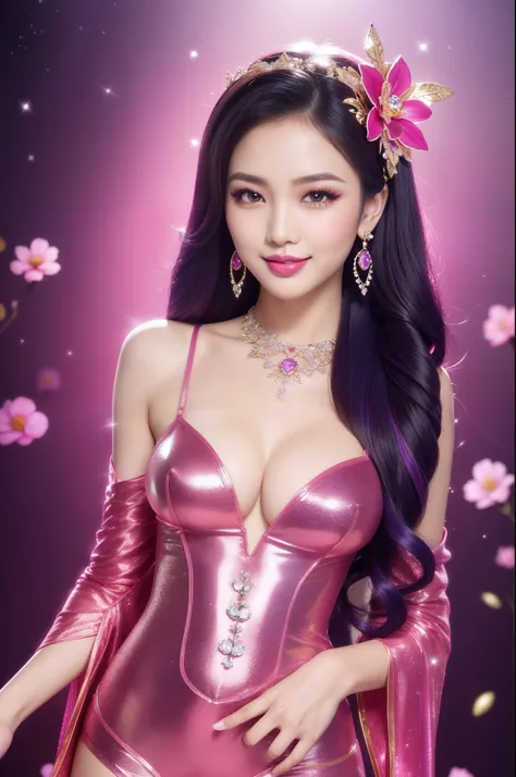 sexy Thai model who controls poison、beautiful smile、lip-gloss、bold lipstick、long lashes, ultra detailed makeup、look at the camera、full body Esbian、、sparkling poisoned flower costume、、、、sparkling Colorful hair、secrete poison、skull hair accessories、sexy tigh...