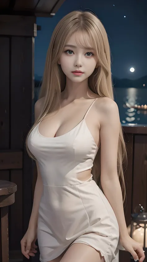 full hd 8k, Girl standing in front of a dark night scene, full moonlight reflecting on her beautiful face. Her long, silky hair was gently blown by the night wind, creating a gentle and romantic feeling. She is walking on a large beach. She looked up at th...