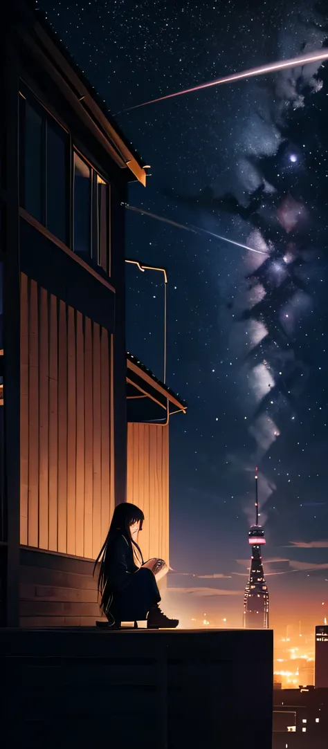 Octane, null, star (null), scenery, starry null, night, One girl, night null, alone, Outdoor, building, cloud, milky way, Sitting, wood, Long Hair, city, silhouette, cityscape  