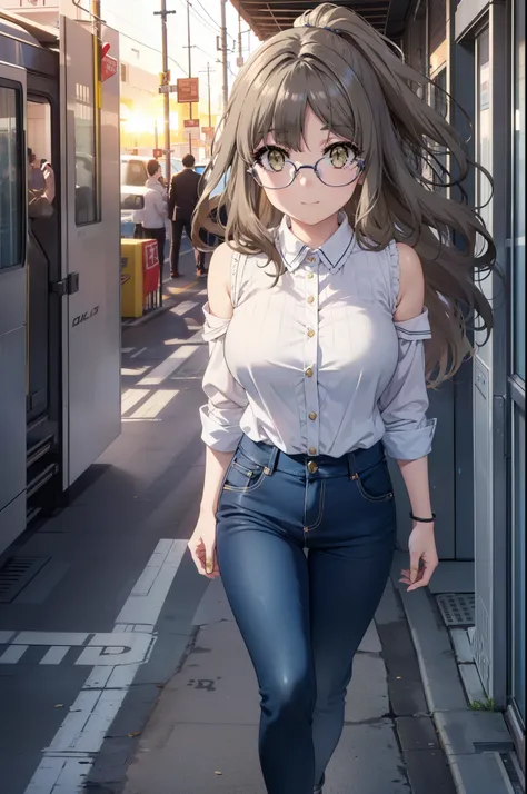 Riofutaba, Rio Futaba, Long Hair, Brown Hair, (Brown eyes:1.5), Glasses,Big Breasts,smile,Cold Shoulder Shirt,skinny pants,Stiletto heels,Business Back,Walking,morning,morning陽,The sun is rising,whole bodyがイラストに入るように,
break outdoors, station,
break looking...