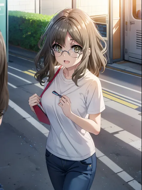 Riofutaba, Rio Futaba, Long Hair, Brown Hair, (Brown eyes:1.5), Glasses,Big Breasts,smile,Open your mouth,Cold Shoulder Shirt,Short sleeve,skinny pants,Stiletto heels,Business Back,Walking,morning,morning陽,The sun is rising,whole bodyがイラストに入るように,
break out...