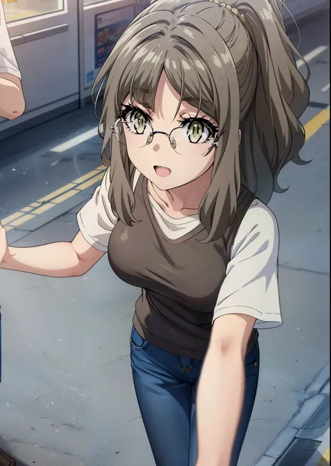 Riofutaba, Rio Futaba, Long Hair, Brown Hair, (Brown eyes:1.5), Glasses,Big Breasts,smile,Open your mouth,Cold Shoulder Shirt,Short sleeve,skinny pants,Stiletto heels,Business Back,Walking,morning,morning陽,The sun is rising,whole bodyがイラストに入るように,
break out...