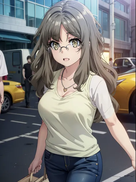 Riofutaba, Rio Futaba, Long Hair, Brown Hair, (Brown eyes:1.5), Glasses,Big Breasts,smile,Open your mouth,Red Tank Top,Heart Necklace,Short sleeve,skinny pants,Stiletto heels,Business Back,Walking,morning,morning陽,The sun is rising,whole bodyがイラストに入るように,
b...