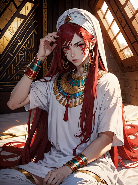 Egyptian God Seth. long red hair, White clothing, Egyptian clothing, silver jewelry. light skin. red eye. red facepaint. erotic. Hot. one person. A young feminine man. Desert.