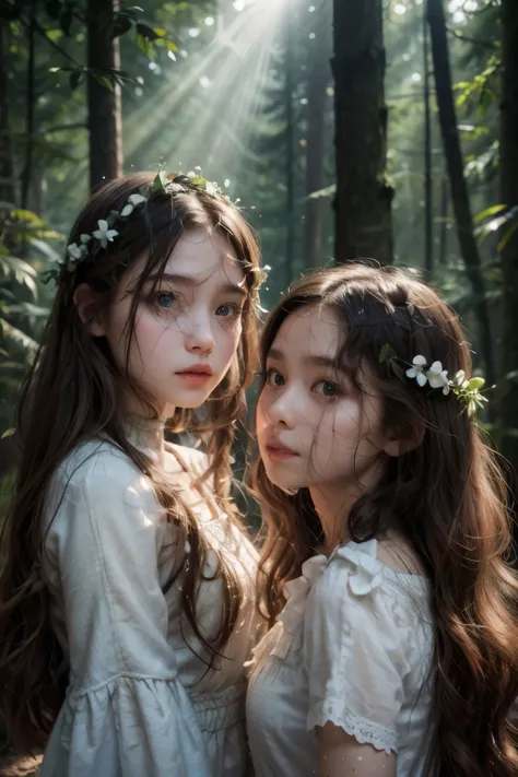 create two girls, very similar, with long hair similar to the Disney princess, one with a thin face, delicate, small, brown eyes and the other with a delicate, round face, with large, brown eyes, in an enchanted forest, cinematic lighting, god rays, bloom,...