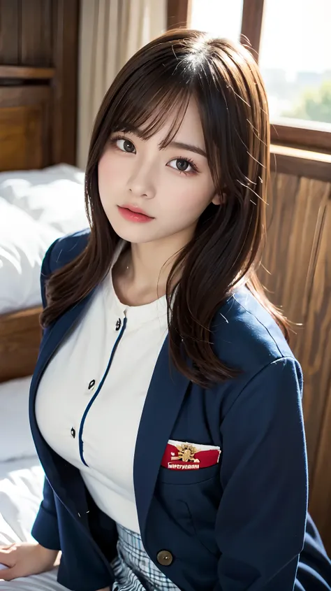 Graduation Ceremony、high school girl、uniform 、Navy jacket、Checkered pleated skirt、White shirt、Bedroom、Lying in bed、Perfect proportions、cute、((18-year-old female:1.2))、Young and adorable Japanese face，Big Breasts, valley, Official Art，Highly detailed CG Uni...