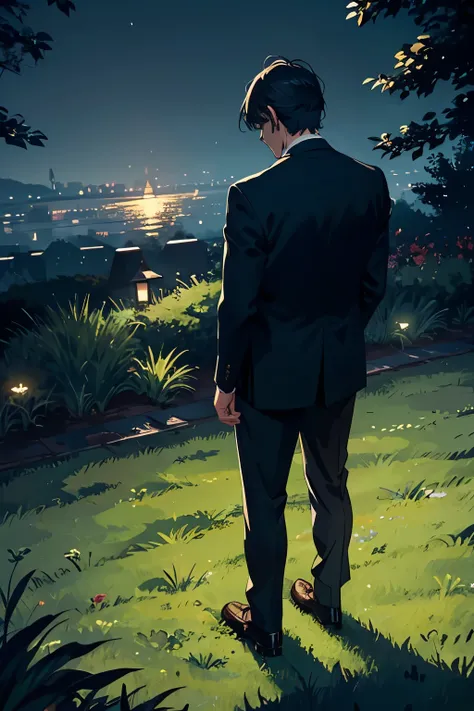 A gentlemanly middle-aged man standing on the grass for 30 years、Angle from the rear、In a suit、Dark and mysterious atmosphere at night、From the feet to the whole body、