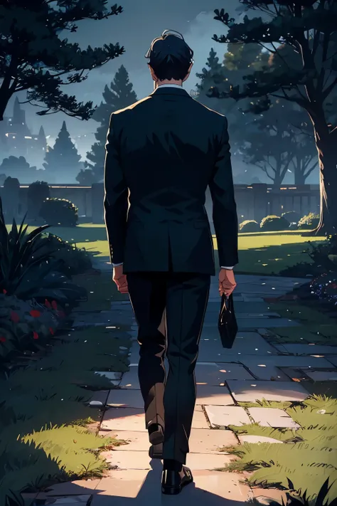 A gentlemanly middle-aged man standing on the grass for 30 yearuscular、Angle from the rear、In a suit、Dark and mysterious atmosphere at night、From the feet to the whole body、