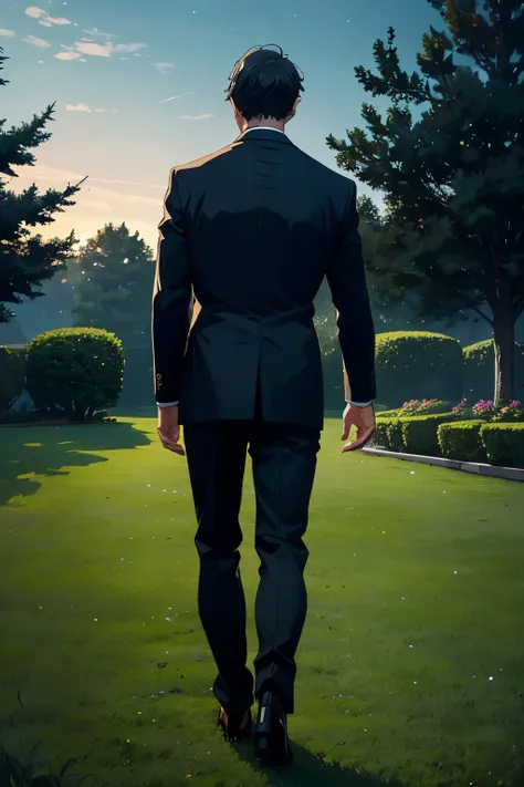 A gentlemanly middle-aged man standing on the grass for 30 yearuscular、Angle from the rear、In a suit、Dark and mysterious atmosphere at night、From the feet to the whole body、