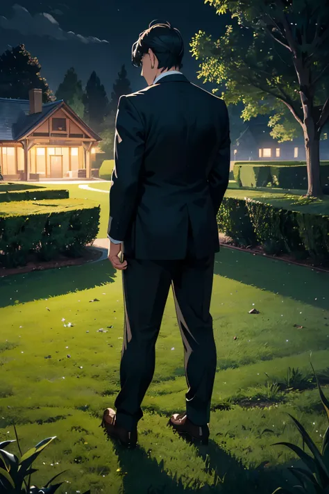 A gentlemanly middle-aged man standing on the grass for 30 years、Are fat、Angle from the rear、In a suit、Dark and mysterious atmosphere at night、From the feet to the whole body、