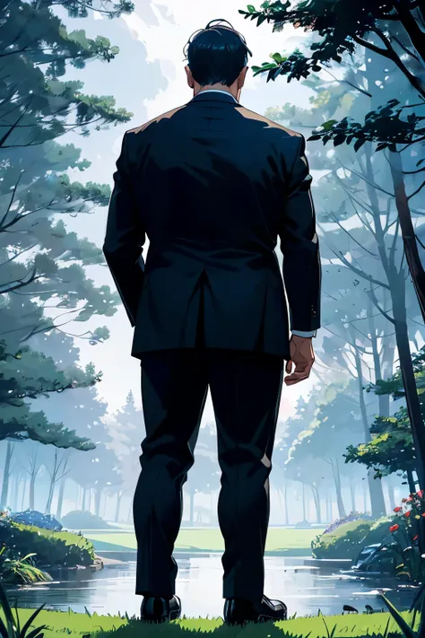 A gentlemanly middle-aged man standing on the grass for 30 years、Are fat、Angle from the rear、In a suit、Dark and mysterious atmosphere at night、From the feet to the whole body、