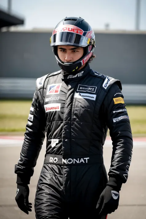 ((best qualityer)), ((realisitic)), (detailded), a formula 1 driver standing, with closed black clothing and helmet and matte visor lowered