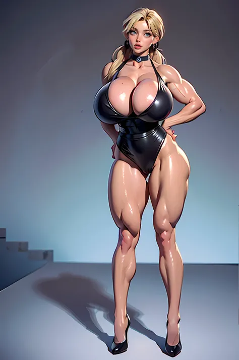 Full body, tiny waist, narrow waist, (wide hips:2.0), (massive female bodybuilder:1.6), (Huge breasts:1.8), Caucasian girl, skinny body, long blonde hair, (hair in pigtails:1.0), beautiful face, cute face, gorgeous face, pretty eyes, young, (arms above hea...