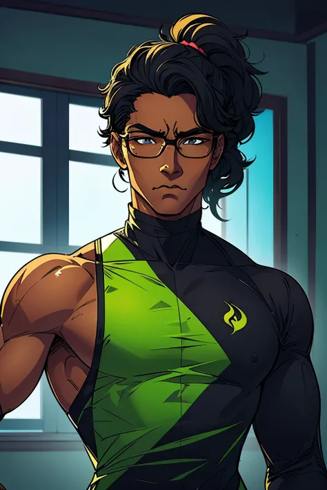 generate a black guy with glasses, pony tail black hair, he is light caramel skinned, wears a costume that is dark green and black, his costume has a logo that signifies duplicate, sharp and smart looking, has a modern outfit and vibecomic style anime bold...