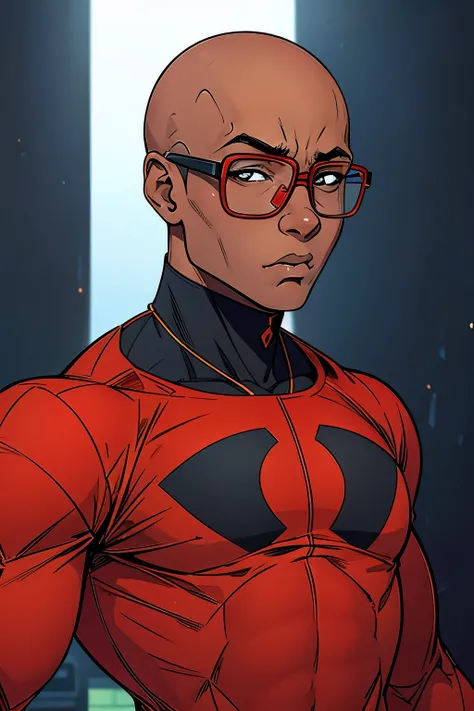 generate a black teenage guy with a bald head a little big, he wears glasses, and a unique heroic red costume, hes a genius, comic style anime bold lines