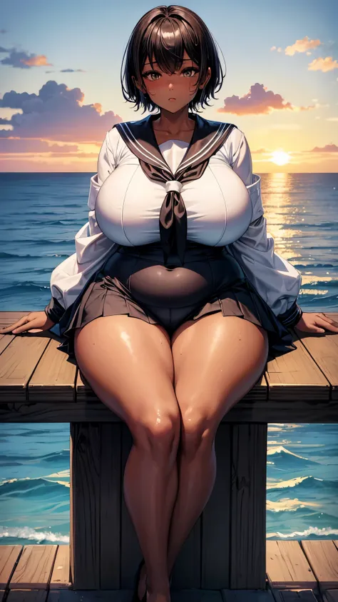 Highest quality、（Super plump body、Plump and large breasts、Voluptuous body、Long legs:1.3）、Arms crossed、Leg spread、Thick thighs、Black short hair、sunset、Sweaty、Dark Skin、Tall beauties、Sailor suit