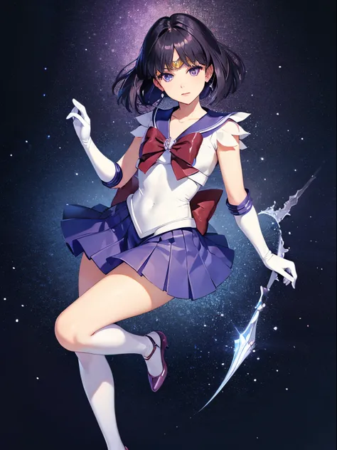 Sailor Saturn, 1 girl, black hair, short hair, purple eyes, detailed eyes, simple background, female focus, alone, Standing, Hotaru Tomoe, portrait, full body, (Masterpiece:1.0), (best quality:1.0) , (8k wallpaper:1.0), (detailed beautiful face:1.0), (deta...