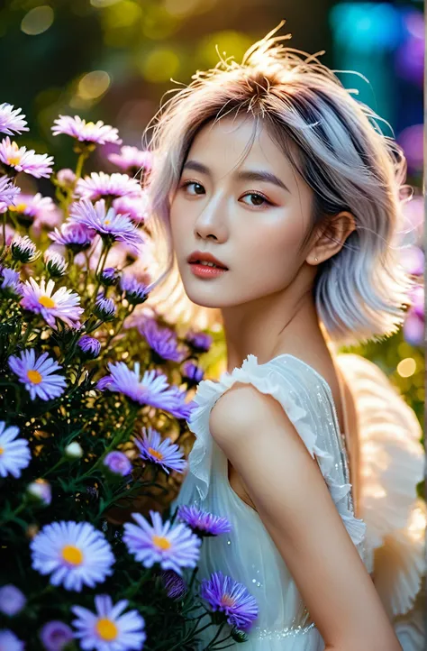 cinematic photo prismatic fairy girl,in Aster garden environment + bokeh + polychromatic hues + crisp + clear ,Jung Ji-Yeon from South Korea,white  shag hair,leogirl . 35mm photograph, film, bokeh, professional, 4k, highly detailed