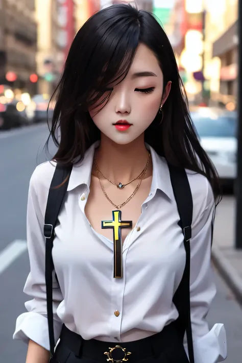 Amazing portait of a sexy woman wearing a shirt and black cargo pants with a cross necklace