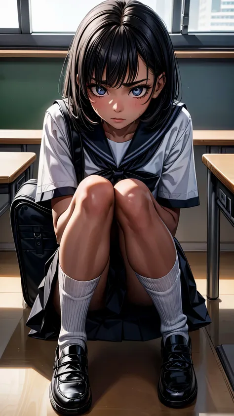 beautiful detailed eyes, beautiful detailed lips, extremely detailed eyes and face, longeyelashes, 1 girl, face close up, inside the school, inside the classroom, 16 years old, sweat, dark skin color, (very short black hair),displeased, sulky, sailor suit,...