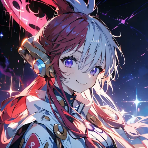 masterpiece、Cute Anime Girl、uta、Red and white hair、Long Hair、Purple eyes、smile、Shining Background、Starry Ski、(((Beautiful Milky Way、nebula)))、Upper Body