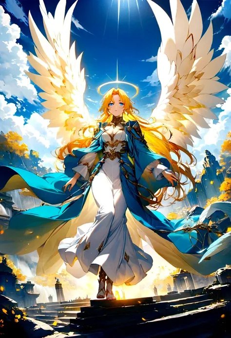 Angel Sariel, blue eyes, big white angelic wings, shining yellow aura, blue anicent silk robes, a full character image, high quality, master piece, extremely detailed, scenery, blue sky, white clouds