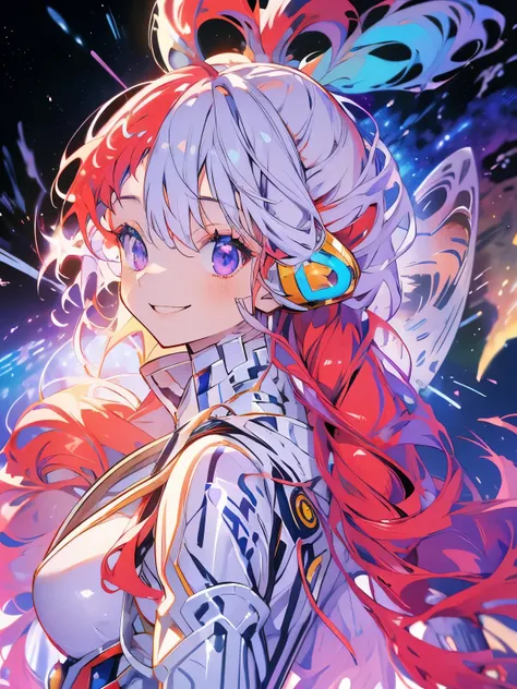 masterpiece、Cute Anime Girl、uta、Red and white hair、Long Hair、Purple eyes、smile、Shining Background、Starry Ski、(((Beautiful Milky Way、nebula)))、Upper Body